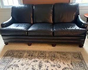 Navy Leather Sofa with brass nailhead trim