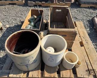 910 4 Crocks, 2 Wooden Crates, Glass Insulators