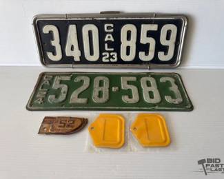 9094 1920s California License Plates with Yellow Month and Year Tag Holders