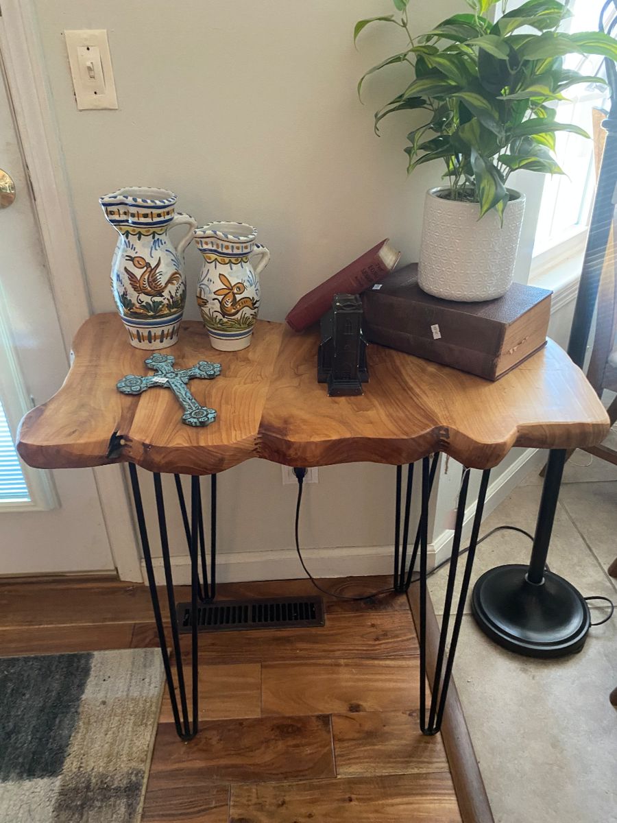 Natural edge side table with metal legs