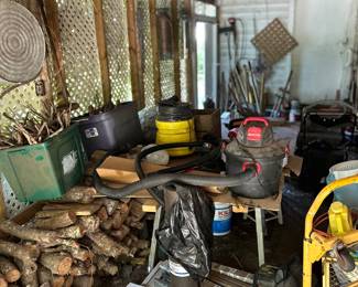 Compressor and shop vac.  Yard tools etc