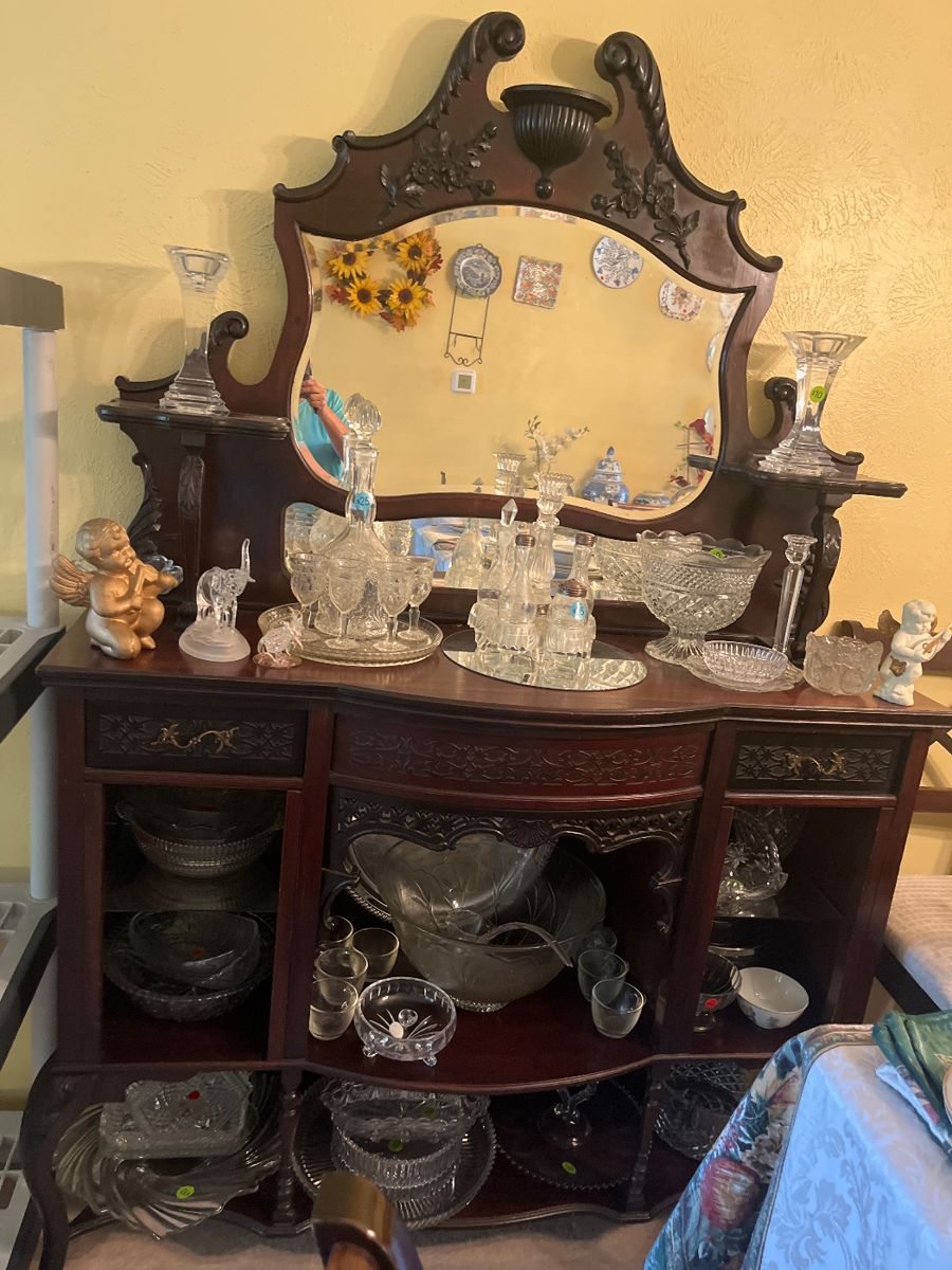 Antique English Ebony Etagere and Lots of  Awesome Crystal