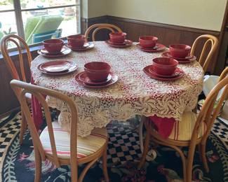 Wooden Table and 5 Chairs and Dishes