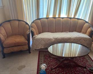 Antique Couch and Chair- Needs to be Reupholstered and Vintage Coffee Table