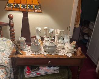 Vintage Stain glass Lamp, Vintage Table and Porcelain shoes