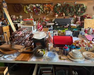 Kitchen Items, Tools, Paint, Party Decor, Bread Box, Wooden Bowl, Glasses  and Seasonal Christmas, Easter, Thanksgiving Items and Lots of Wreaths
