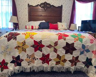 King Size bed and Vintage crocheted bedspread