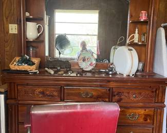 Vintage Dresser, Vintage Barber/Hair Style Chair, Vintage Dryer, Vintage Curling Iron  and Drawers full of Hair Product and other Item