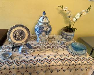 Vintage Chinese Temple Jar Blue and White Porcelain and Vintage Blue and White Rabbit Lidded