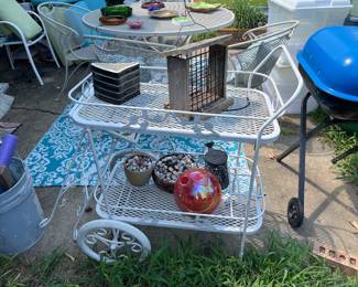 Wrought Iron Cart,Weber Grill , Pots and Patio Cushings