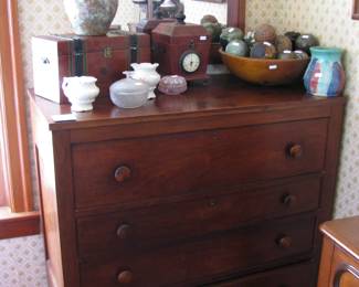 vintage walnut chest, asst glassware