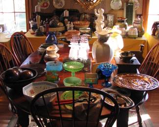 pine table & chairs. stained glass fixture