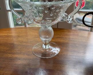 ANTIQUE STEUBEN ERA CHEMICAL BUBBLE LG. HAND BLOWN ART GLASS COMPOTE BOWL VASE- $300 