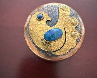 Vintage Copper Dish with Lid Lapizlazuli Stones and Brass Bird Design from Chile-$15 