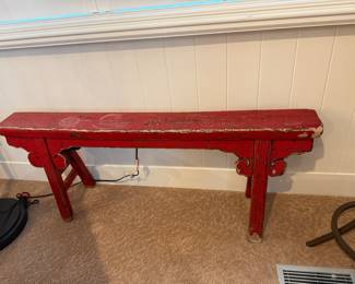Vintage Ming-Style Distressed Wooden Red Slim Bench - $400 - 40"l x 11"w x 20"t