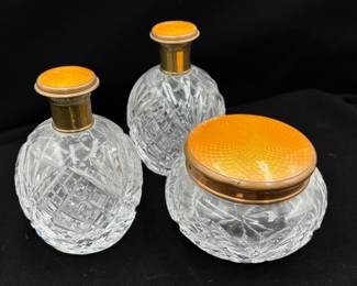 Antique Vanity Jar and Botle Set
Clear cut crystal, brass rim w/ an orange guilloché enamel lid.