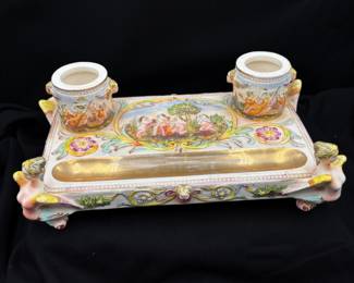 Antique Porcelain Double Inkwell - Made In Italy
