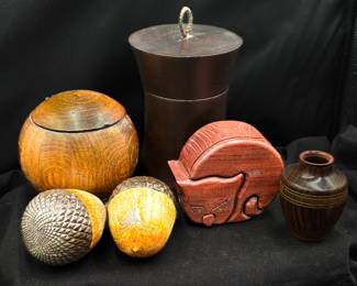 Collection of Carved Wood Boxes, Puzzle, Urns and Decorative Figures