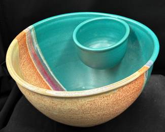 Large Colorful Pottery Chip and Dip Set