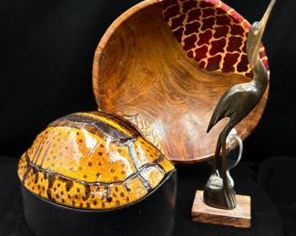 Handcarved and Painted Wooden Bowel/ Realistic Spotted Tortoise Shell Decorative Box/ Carved Wood Crane Figure