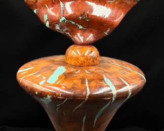 Turquoises Inlayed Turned Burl Wood Vessel