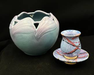 Van Briggle Philodendron Leaf Pottery Vase /Single Candle Holder Set, Whitefish Pottery