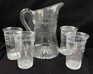 Vintage Clear Etched Glass Pitcher w/ Matching Tumblers