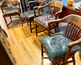 Set of 4 oak library chairs. Leather cushions sold separately