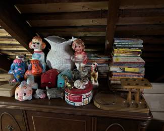 Vintage ceramics, books everywhere! tobacco and smoke pipe holder
