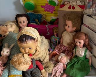 Vintage dolls, rubber face plush dolls