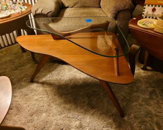 Vintage Mid Century Modern Sculpted Walnut Kagan Style Floating Glass Side Tables