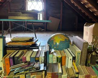 Vintage books, globe, brass trophies