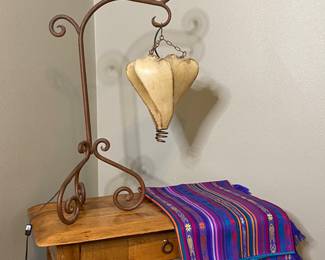 heavy wrought iron lamp with sinew shade is really nice new vintage Mexican textile blanket, solid wood accent / entry table w drawer