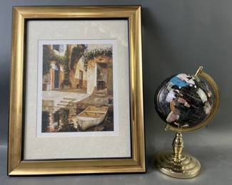 Lot 82 – Framed Venice Street Scene & Gemstone Globe
