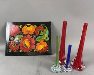 Lot 45 – Russian Floral Art On Board & Elephant Foot Vases