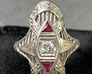 Lot 9 – 18K White Gold, Diamond & Ruby Art Deco Ring