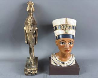 Lot 88 – Ceramic Egyptian Nefertiti Bust & Pharaoh Statue