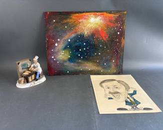 Lot 95 – Signed Caricature, Acrylic Art, & Porcelain Statue
