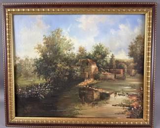 Lot 55 – Framed & Signed Bartoloy Cottage on Lake Painting