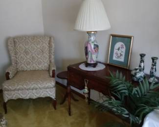 Queen Anne chair, vintage cabinet, lamp and candle set