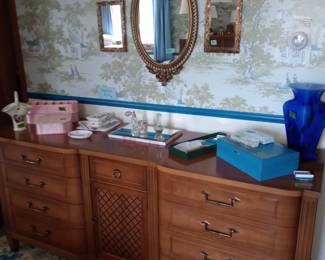 Wall mirrors, hand mirrors, hankies in box. Jewelry box, mirror tray, perfume bottles