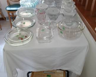 Pyrex, pie plates, bowls, step stool