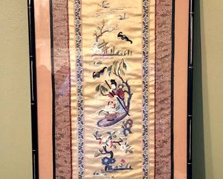 Asian embroidered silk in faux bamboo frame