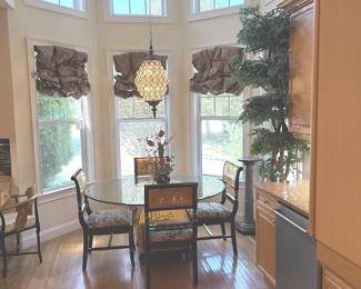 GLASS CIRCULAR ASIAN DINING TABLE WITH FOUR CUSTOM CHAIRSQUALITY LIGHTING