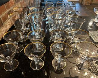 Glastonbury-Lotus “Jefferson” Gold rimmed stemware- 6 iced teas, 2 waters, 8 champagnes
