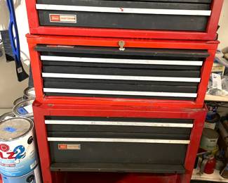 Large, Craftsman seven drawer and top opening compartment, lockable, roller tool chest. Gallon and quart paint, (some unopened cans).