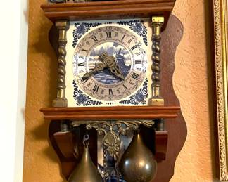 Vintage Hand painted wall clock /chime, pendulum and chain weights.