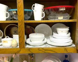 Corelle dinnerware and Pyrex bowls.
