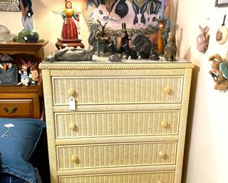 Vintage chest with glass top. Iron rabbit collection.