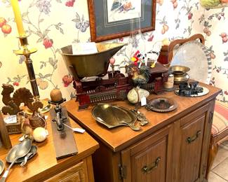 Vintage egg scale and vintage balance scale. Vintage fence post finials.